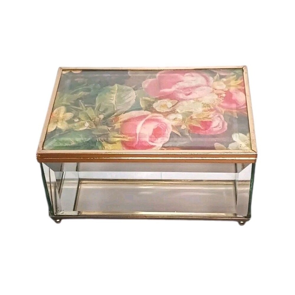 Vtg Glass & Brass Trinket Box Footed Mirror Bottom Hinged Rose Floral Lid BEAUTY